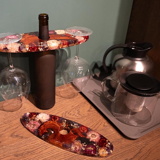 Handcrated Wood Wine Bottle & Glass Holder with Flowers Preserved, Vintage Countertop Stand for 1 Bottle & 2 Glasses, Unique Wine Caddy for Home Bar, Gift for Wine Lover