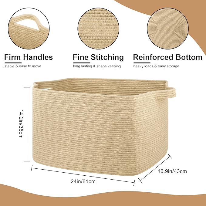 95L Extra Large Blanket Basket, 24" x 16.9" x 14.2" Woven Storage Basket for Living Room, Rectangle Nursery Blanket Storage for Toys, Towels, Dirty Clothes (Jute)
