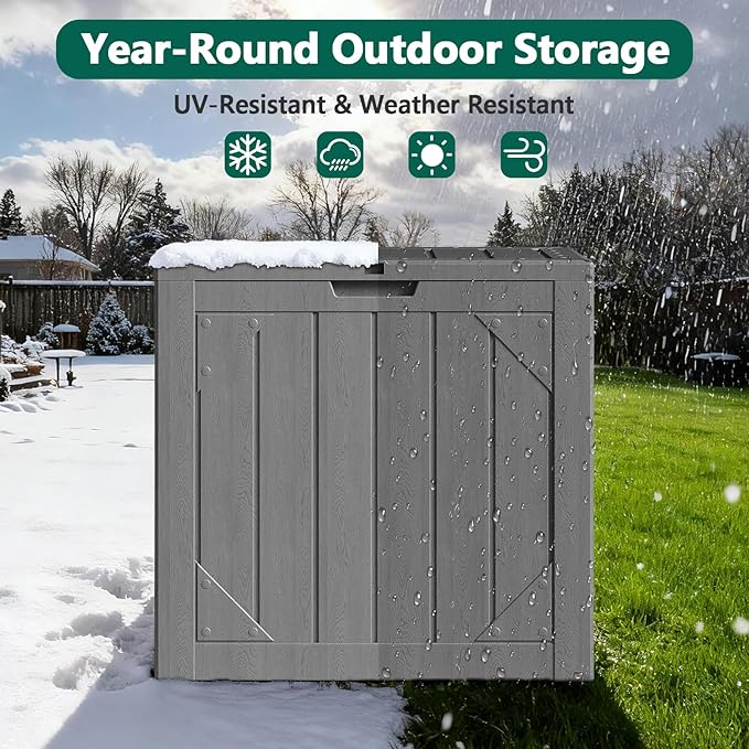 Outdoor Storage Box, 30 Gallon Deck Box Outdoor Storage Bench Outside Waterproof Resin Storage Bench, Lockable Patio Cushions, Garden Tools Storage For Furniture, UV Resistant(Gray)