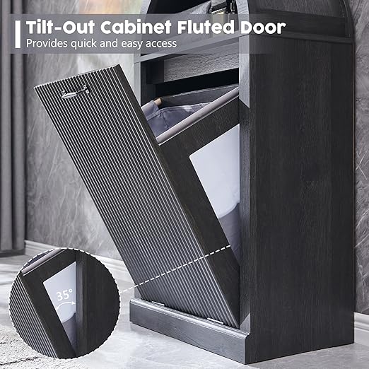 Arched Tilt-Out Trash Can Cabinet, Fluted 10 Gallon Trash Can Cabinet Set of 2, Modern Laundry Hamper Cabinet, Hidden Garbage Can with Storage Basket for Kitchen, Living Room, Dark Grey