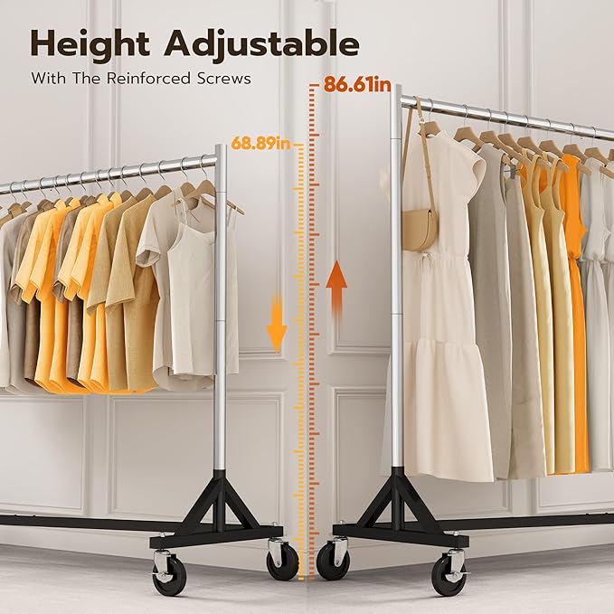 HOKEEPER Commercial Z Base Garment Rack Hold 500LBS Heavy Duty Clothing Rack Adjustable Rolling Clothes Rack for Hanging Clothes Racks on Wheels Portable Z Rack, Chrome Finish