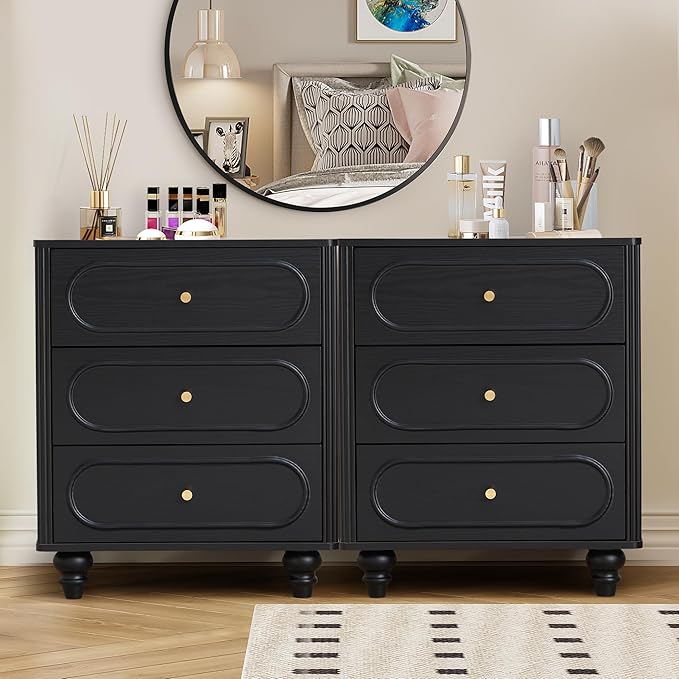 Fluted 3 Drawer Dresser for Bedroom, Modern Mid Century Chest of Drawers, Wood Storage Small Dresser Organizer for Bedroom Living Room Hallway Closet, Black