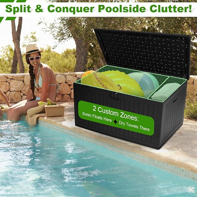 230 Gallon Outdoor Storage Box Waterproof, Extra Large Plastic Outside Deck Box Weatherproof, Resin Patio Storage Bin with Lock and Lids for Pool Equipment and Cushion, Black