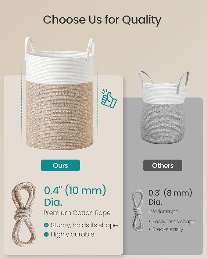 SONGMICS Laundry Hamper, Cotton Rope Laundry Basket with Handles, for Children, Toys, Clothing, Living Room, Bedroom, 21.1 Gallons, 15.7 x 15.7 x 23.6 Inches, White and Grayish Brown URLH062LZ01