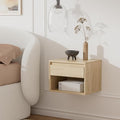 Mid Century Modern Floating Nightstand, Wall Mounted End Table with Drawer and Open Compartment Wooden Bedside Night Stand Small Storage Cabinet for Bedroom, Light Oak
