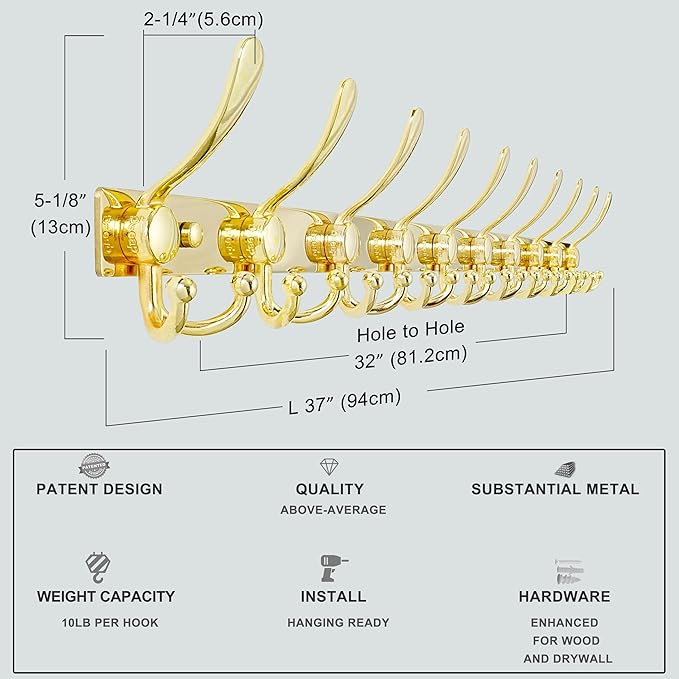 Dseap MaxStrong 2.0 Coat Rack Wall - 37” Long 10 Tri Hooks - Ultra Heavy-Duty Stainless Steel Wall Mount Coat Hanger, Hook Rail for Clothes Hats Jacket Towels Gold