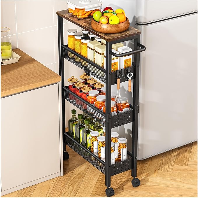 Utility Slim Storage Cart with Wheels, 4 Tier Small Rolling Cart with Wood Top, Metal Kitchen Bathroom Laundry Room Organization Trolley with Handle for Narrow Space – Black