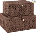 OIAHOMY Wicker Storage Basket with Lid & Lock, Lidded Storage Bins, Decorative Baskets for Organizing, Set of 2-Brown
