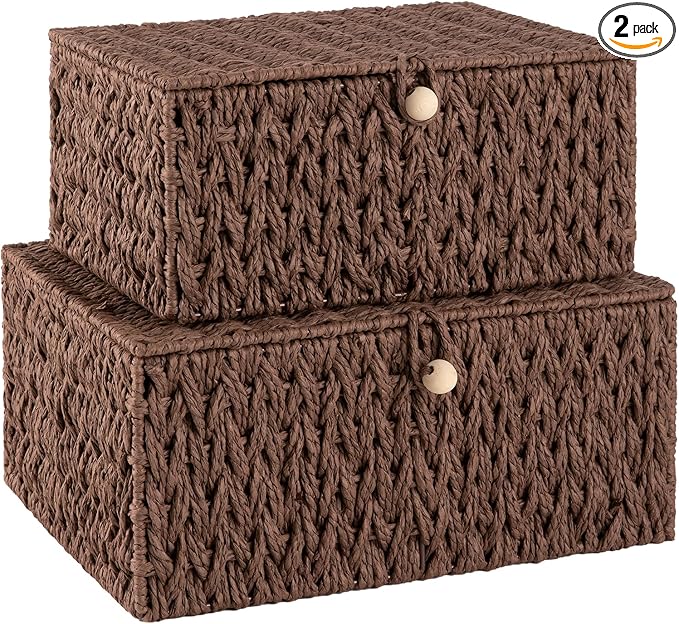 OIAHOMY Wicker Storage Basket with Lid & Lock, Lidded Storage Bins, Decorative Baskets for Organizing, Set of 2-Brown