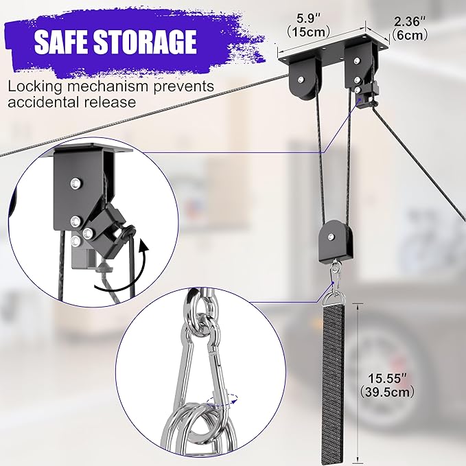 2 Pack Bike Hoist, Heavy Duty Ebike Lift Pulley System for Garage Ceiling Overhead Storage for Bicycle, Ladders, Snowboard, Holds Up to 85 lbs Capacity, Fit 10-16 Foot High Ceilings