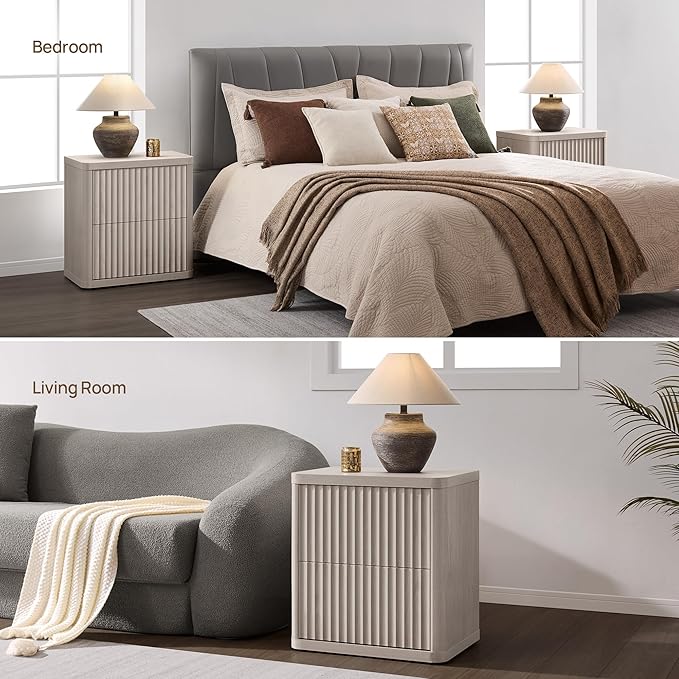 SICOTAS Night Stand Set of 2 Nightstands with 2 Drawers Storage Bedside Table Large Fluted Bed Side End Table Modern 24.4" Tall Wide Night Stands for Bedroom Living Room Sofa Couch Office, White Alder