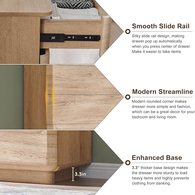ACCOHOHO Modern 6 Drawer Dresser for Bedroom, 52" Wide Wooden Dressers with Large Storage,Handleless Chest of Drawers TV Stand for Living Room & Hallway, Curved Profile Design,Natural Oak