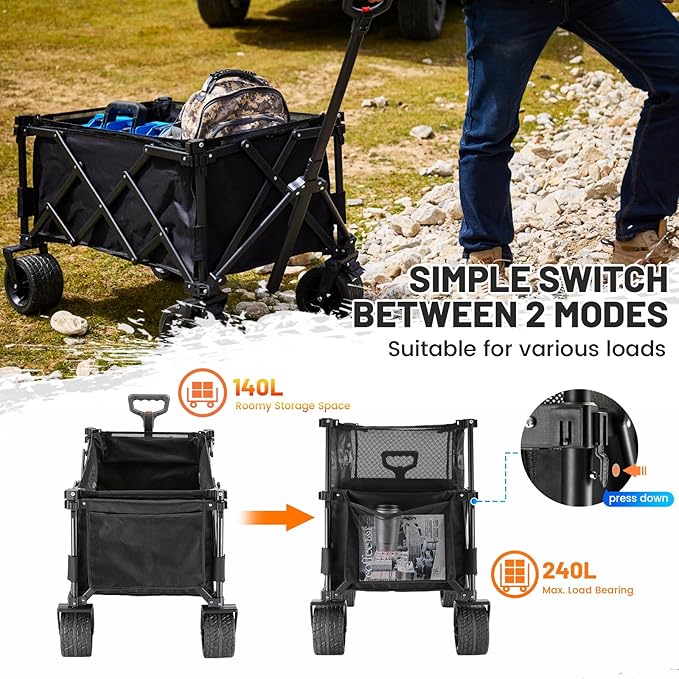 EchoSmile Collapsible Folding Wagon Cart with Mesh Fabric - 480lbs Capacity 2-in-1 Heavy Duty Utility Wagon for Camping, Beach, Grocery &Shopping