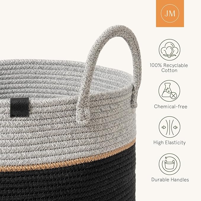 LA JOLIE MUSE Woven Basket Rope Storage Baskets - Large Cotton Organizer, Basket for Baby Blanket, Kids Toy Nursery Laundry Basket Ebony Black XL