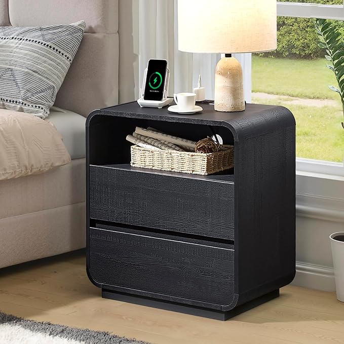 Black Nightstand Set of 2 with Charging Station, 25" Tall Wood Bedside Table, Modern Night Stand with 2 Storage Drawers, Curved Profile, Handleless, Modern End Table for Bedroom