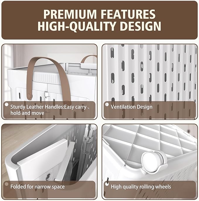 UAK Laundry Basket with Wheels, Collapsible Plastic Laundry Hamper with Handle, Foldable Laundry Basket Organizer for Laundry and Bathroom (‌Pure white, XXL)
