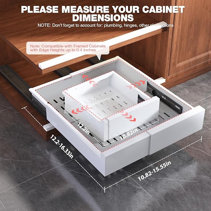 1 Pack Pull Out Cabinet Organizer Expandable Width(11"-16") and Depth(13"-17"),Slide Out Drawers With Raising Pad for Framed Cabinets,No Drill Roll Out Shelves for kitchen,Bathroom,White