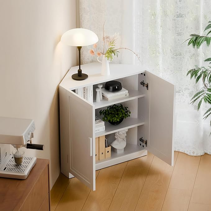 Casaphoria Farmhouse Corner Cabinet, Wooden Corner Storage Cabinet with Adjustable Shelves, Narrow Storage Organizer for Small Space, 31" H x 31" W x 16" D, 44Lb, White