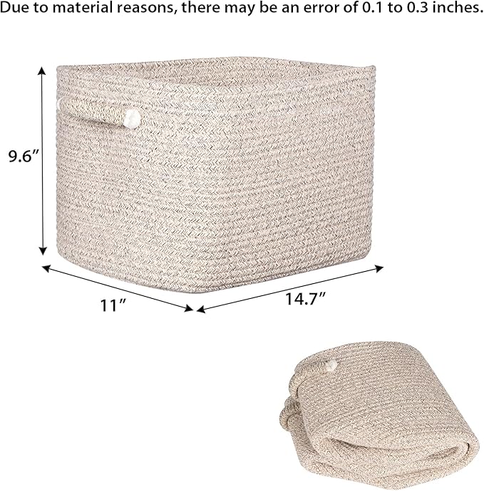 Kntiwiwo Storage Baskets for Organizing 14.7”x11”x9.6” Rope Storage Baskets for Shelves with Handles, Decorative Closet Baskets & Bins, Large Woven Baskets for Storage, Beige & Brown