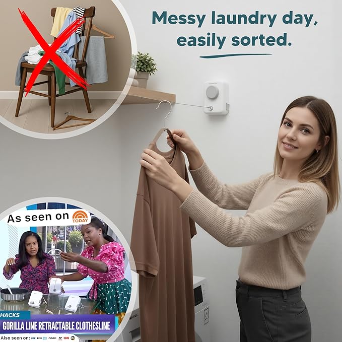 GorillaLine Max - Retractable Clothesline Indoor Outdoor Clothes Line - Heavy Duty Clothes Drying Laundry Line - Wall Mounted Drying Rack - Air Dry Clothing - Max Tighten with GorillaGrip