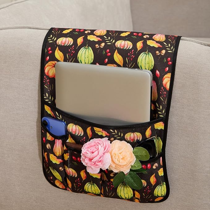 FLYILY Sofa Armrest Organizer Non-Slip Arm Chair Hanging Caddy Remote Control Holder for Magazine,Tablet, Phone, Books, Glasses(BlackPumpkin,13in)