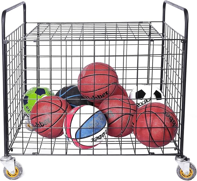 MyGift Professional Gym Metal Multi Sports Ball Storage Cart with Jumbo Industrial Wheels, Commercial Grade Portable Equipment Locker Cage for Basketball, Football, Soccer, Volleyball