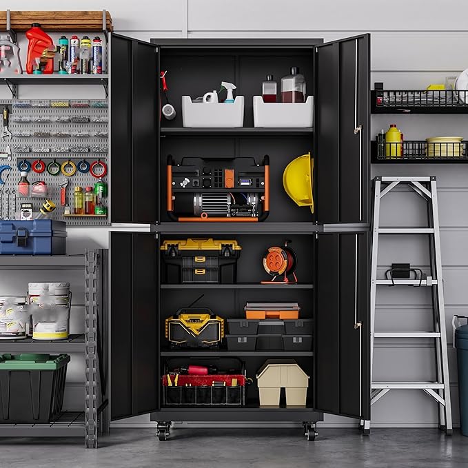Letaya Metal Garage Storage Cabinet with Wheels,Steel Tool Rolling Cabinets with Lock Door and Adjustable Shelves fro Home Utility Organization Room(1PC-Black)