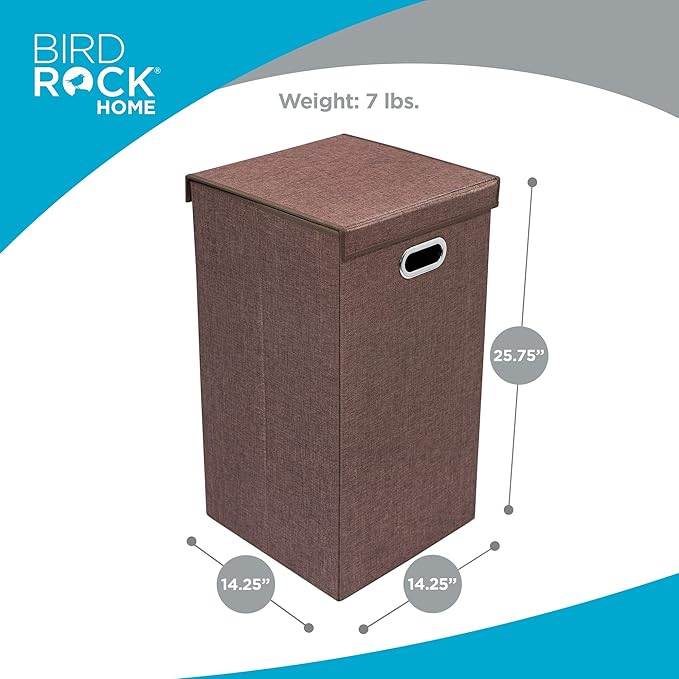 BIRDROCK HOME Single Laundry Hamper with Lid and Removable Liner | Linen | Easily Transport Laundry | Foldable Hamper | Cut Out Handles