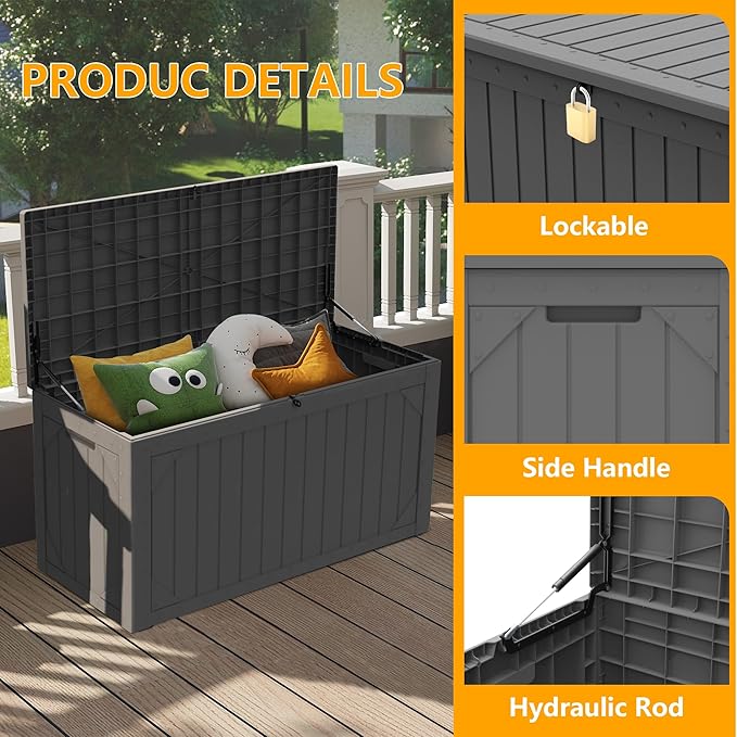 100 Gallon Outdoor Storage Box Waterproof,Resin Deck Box Storage Bin for Cushion Patio Furniture, Pool Accessories, and Garden Tools, Lockable & UV-Resistant, Grey