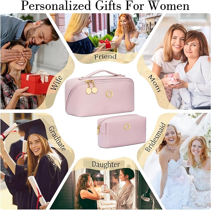 Birthday Gifts for Women Teen Girl, Personalized Initial Makeup Organizer Bag Set, Open Flat Travel Cosmetic Bag With Clear Divider and Handle(Pink,O)