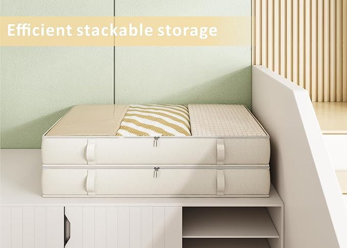 Vailando Storage Containers, 6 Inches Tall 60L Underbed Storage Bins with Sturdy Handles and Sidewalls, Closet Organizer for Clothes, Blankets, Seasonal Items, Beige, 2-Pack