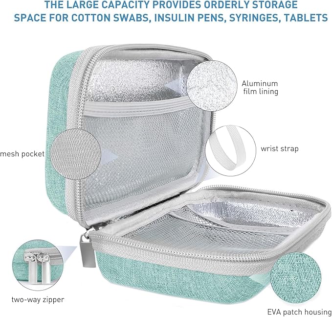 Insulin Cooler Travel Case,EVA Insulation Travel Medicine Kit with 2 Ice Packs for Diabetes Care,Insulin Pen and Other Diabetic Supplies (Green)
