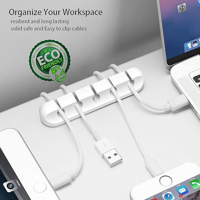 Cord Holder Cable Organizer Clips – Self Adhesive Cord Organizer for Desk, Car, Nightstands, Office, White Silicone Cord Keeper Cable Clips Wire Holders for Charger Cords (7-5-3-1-1 Slots)
