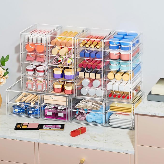 Makeup Organizer Storage With 16 Drawers, 4 Pcs Desktop Office Supplies, Desk Organizers, Clear Accessories, Dustproof Drawer and for Make Up, Jewelry, Pen, Stationary