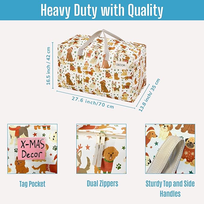 VENO 4 Pack Moving Bags and Large Christmas Decoration Storage Bins with lids. Alternative to Moving Boxes, Packing Supplies for College. Heavy Duty Totes (Holiday Pups, 4 Pack)