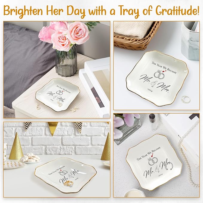 OASSIE Anniversary Wedding Gifts for Her Wife - 4"x4" Ceramic Jewelry Dish Tray - Engagement Newlyweds Couples Gifts for Women Her Wife, Mr and Mrs Decorative Trinket Dish