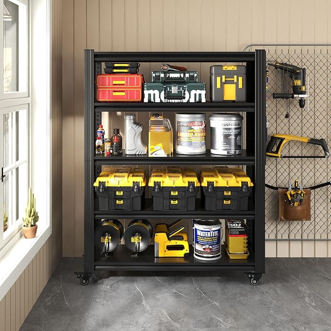 72" H 5 Tier Adjustable Shelving Unit with Pegboard & Wheels - Heavy Duty Metal Storage Rack for Garage, Warehouse, Office - 2000LB Capacity, Tool-Free Assembly (23.6" D x 47.2" W)