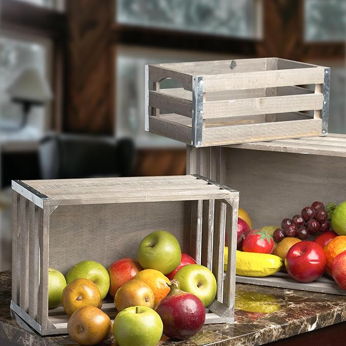 wald imports - Set of 3 White Washed Wooden Crates for Storage - Decorative Wooden Crate Set for Home Decoration & Display - Vintage Storage for Household Goods