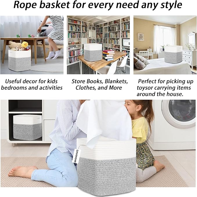 Cube Storage Bins 11 Inch Cotton Rope Woven Storage Basket for Organizing 3 Pack | Storage Cubes for Organization and Storage | Square Cube Organizer | Basket for Shelves | Toy Bin（Grey）