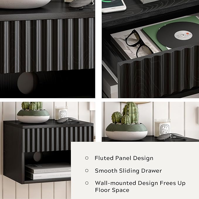 Floating Nightstands Set of 2 with Drawer and Open Shelf, Small Wall Mounted Bedside End Table, Modern Fluted Night Stand for Bedroom, Living Room, Black