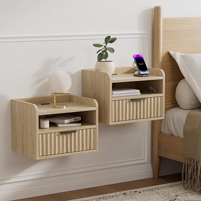 Fluted Floating Nightstands Set of 2 with Drawer, Modern Small Wall Mounted Storage Night Stand with Charging Station, Wood Bedside Table USB C & USB A Ports, Light Oak