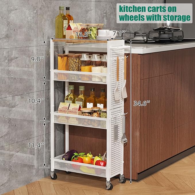 Slim Rolling Storage Cart with Wheels, 4-Tier Metal Utility Cart with Handle & Wood Top, Small Mobile Organizer Shelf Unit for Laundry Room, Kitchen, Bathroom, Office, Narrow Space