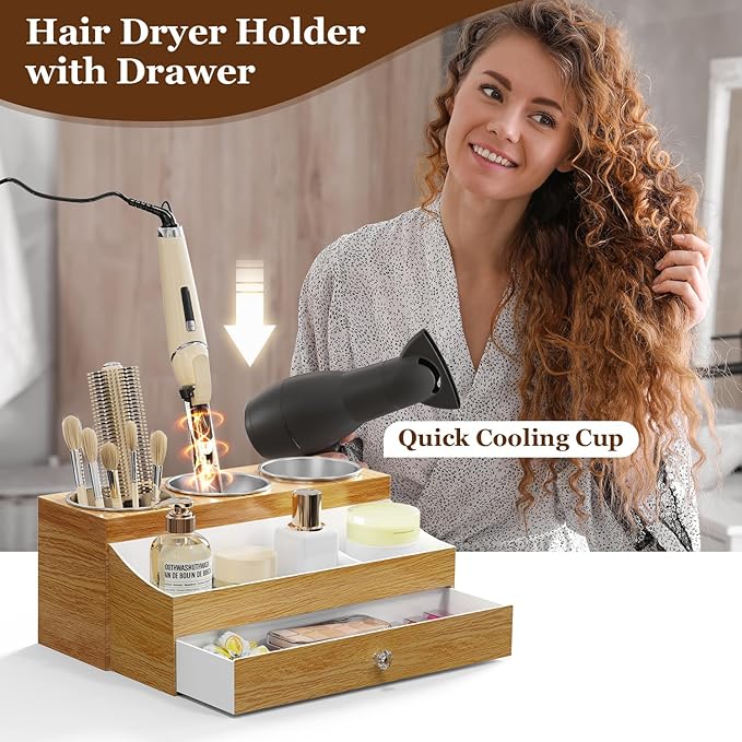Acrylic Hair Dryer Holder with Drawer, Bathroom Organizer Countertop Drawers with 3 Stainless Cups, Makeup Vanity Accessories, Hair Hot Tools Organizer, Toiletry, Wood