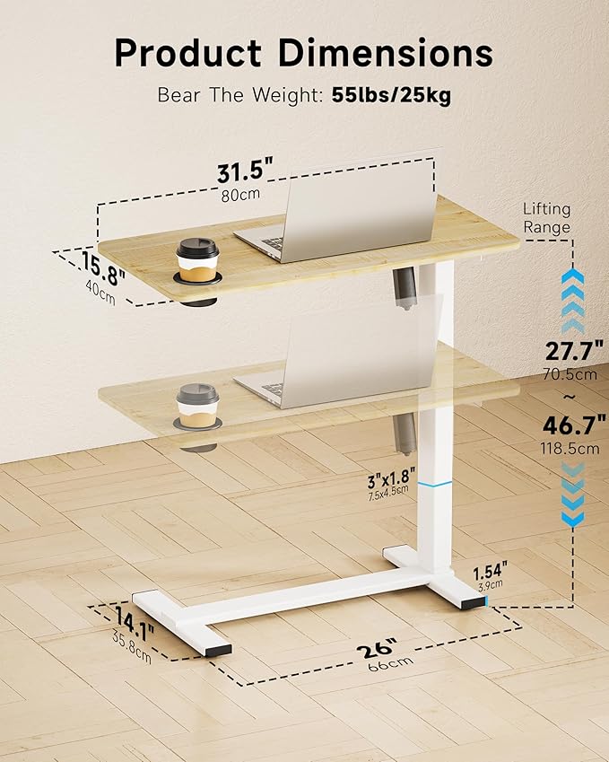 BIZUM Small Electric Standing Desk Bedside Table with Hidden Wheels 31.5 x 15.8 Inch Adjustable Computer Laptop Office Desk, Maple