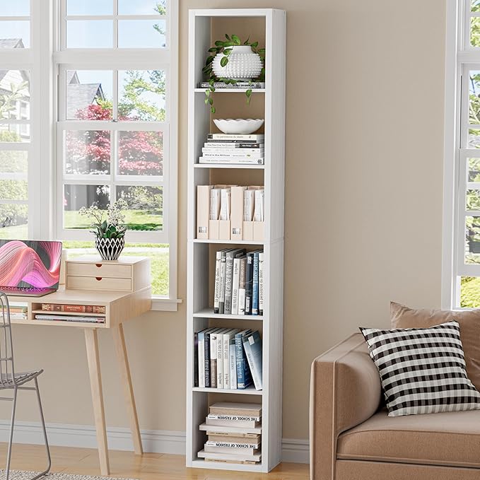 Tall Cube Storage Organizer Bookcase, 6 Tier 11 inch Open Back Cubical Shelf with Thickened Border, Display Bookshelf for Living Room, Home Office, Sturdy Room (White, 6 Cube,Vertical)