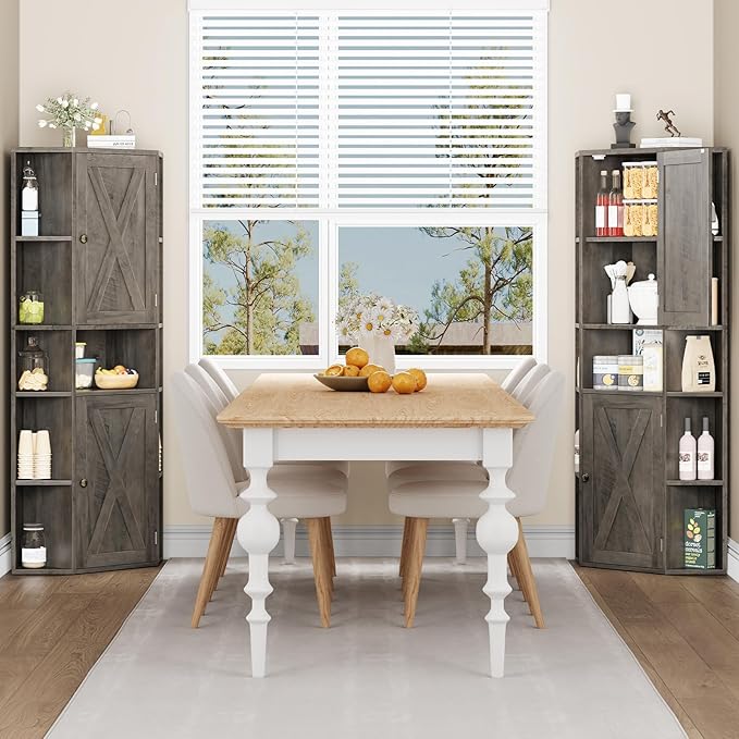 Farmhouse Corner Cabinet with Storage, Tall Corner Storage Cabinet with Adjustable Shelves and Barn Doors Farmhouse Cube Organizer Furniture Bookshelf Cabinets for Bathroom, Living Room (Grey)