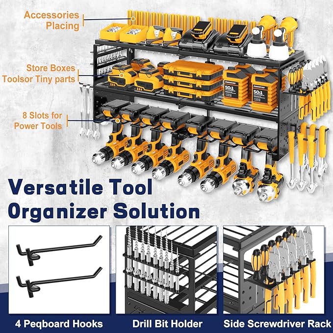Power Tool Organizer Wall Mount, 300Lbs Load 3 Layer Heavy Duty Metal Tool Shelf with 8 Drill Holders, Garage Workshop Storage for Cordless Tools Batteries Screwdrivers(Black)