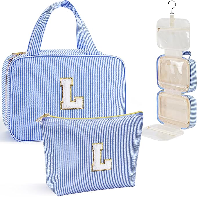 YOOLIFE Kids Toiletry Bag Initial Makeup Bag for Teen Girls - Birthday Gifts for 7 8 9 10 11 12 13 14 15 16 17 18 Year Old Girls, Teen Girl Gifts Trendy Stuff - Letter L, Blue