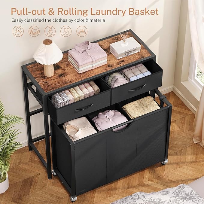 Laundry Sorter, Rolling Laundry Hamper with 3 Section Pull-Out Bags, Laundry Basket Organizer with 2 Drawers, Laundry Hamper with Wheels for Laundry Room Organization, Bathroom, Bedroom