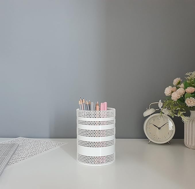 Metal Hook Wall Mounted Pen Pencil Holder, Office Desk Organizer with Hook for Hanging on Wire Mesh Wall Grid Panel (White, Large)